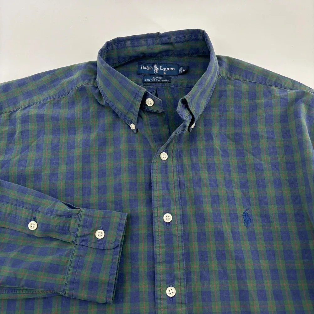 Polo Ralph Lauren Blake Shirt Men Large Green Blue Plaid Cotton Button Down